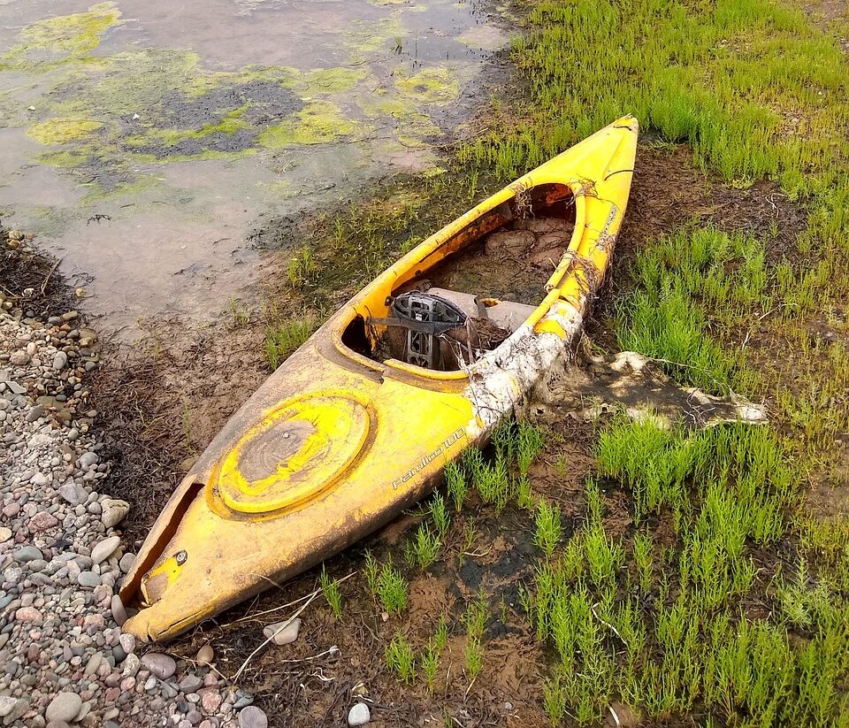 kayak, broken, abandoned, boat, river, grass, plastic, salvage, nature, ruin, trash, garbage